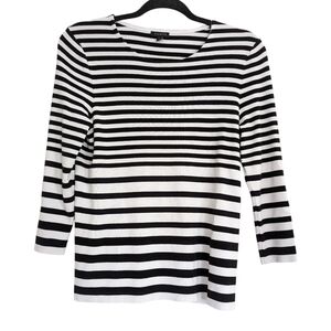 Talbots Womens Top M Black White Striped Long Sleeve Round Neck Pullover Knit